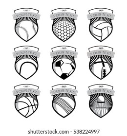 Sport ball emblem vector set in black, gray and white colors on isolated background
