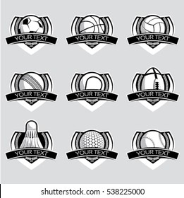 Sport ball emblem vector set in black, gray and white colors on isolated background