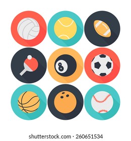 Sport Ball flat colorful Icons with long shadows 