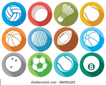 sport ball flat icons (tennis, american football, soccer, volleyball, basketball, baseball, bowling, cricket, badminton, billiard)