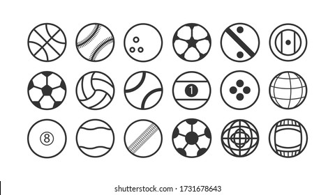 Sport ball flat line design icons set such as soccer, tennis, basket, bowling, and etc. Eps 10 illustration