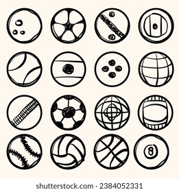 Sport ball flat line doodle set such as soccer, tennis, basket, bowling, and etc.