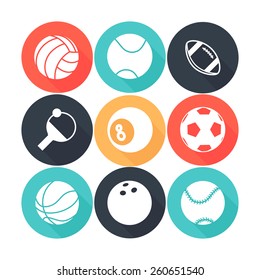 Sport Ball flat white Icons with long shadows 