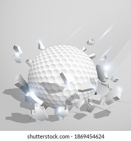 la pelota deportiva para el golf se estrelló en el suelo a alta velocidad y se rompe en pedazos, grietas después de un golpe perfecto. Infligir graves daños. Vector