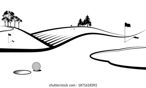 Sport ball for golf in front of hole with flags on sports field. Banner, background for design of competitions. Healthy lifestyle.  Vector