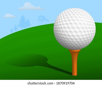 sport ball for golf on stand, tee with shadow on field, course. Golf competition. Vector