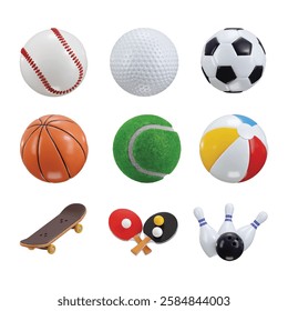 Sport ball icon collection 3d render concept of Sport and fun for healthy lifestyle vector illustration