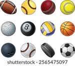 Sport ball icon set. Sport balls include soccer, baseball, tennis and volleyball. As well as golf, pool, cricket and football. Along with softball, basketball, bowling and a hockey puck.