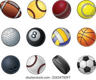 Sport ball icon set. Sport balls include soccer, baseball, tennis and volleyball. As well as golf, pool, cricket and football. Along with softball, basketball, bowling and a hockey puck.