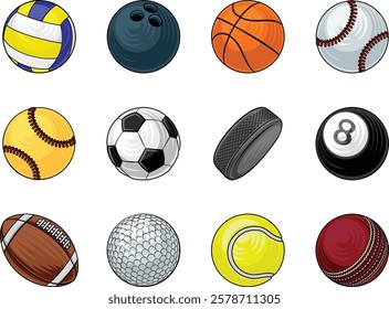 Sport ball icon set. Sport balls include soccer, baseball, tennis and volleyball. As well as golf, pool, cricket and football. Along with softball, basketball, bowling and a hockey puck.