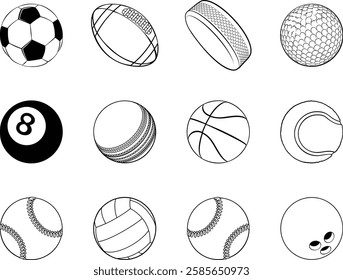 Sport ball icon set. Sport balls include soccer, baseball, tennis and volleyball. As well as golf, pool, cricket and football. Along with softball, basketball, bowling and a hockey puck.