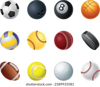 Sport ball icon set. Sport balls include soccer, baseball, tennis and volleyball. As well as golf, pool, cricket and football. Along with softball, basketball, bowling and a hockey puck.