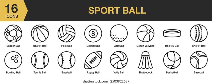 Sport Ball icon set. Includes football, volleyball, golf ball, bowling ball, hockey ball, and More. Outline icons vector collection.