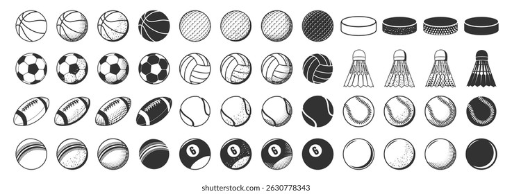 Sport Ball Icon Set. Vector Stickers of Soccer, Basketball, Tennis, Baseball, Volleyball, Golf, Rugby, Hockey Puck, Bowling, Shuttlecock. Isolated on Transparent Background
