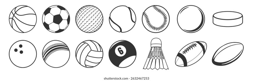 Sport Ball Icon Set. Vector Stickers of Soccer, Basketball, Tennis, Baseball, Volleyball, Golf, Rugby, Hockey Puck, Bowling, Shuttlecock. Thin Line and Silhouette Isolated on Transparent Background