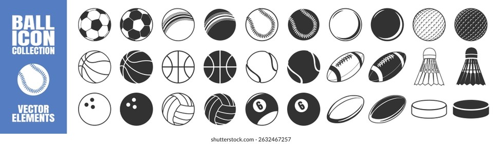 Sport Ball Icon Set. Vector Stickers of Soccer, Basketball, Tennis, Baseball, Volleyball, Golf, Rugby, Hockey Puck, Bowling, Shuttlecock. solated on Transparent Background