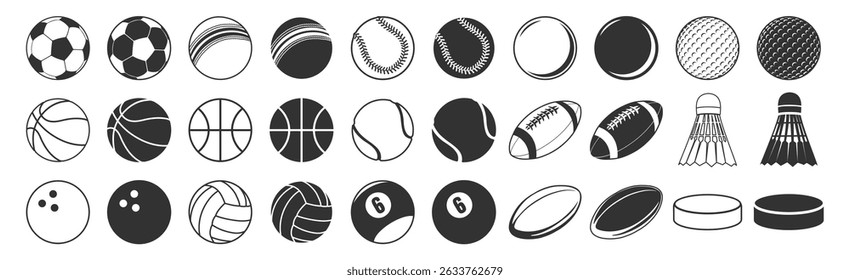 Sport Ball Icon Set. Vector Stickers of Soccer, Basketball, Tennis, Baseball, Volleyball, Golf, Rugby, Hockey Puck, Bowling, Shuttlecock. Isolated on Transparent Background