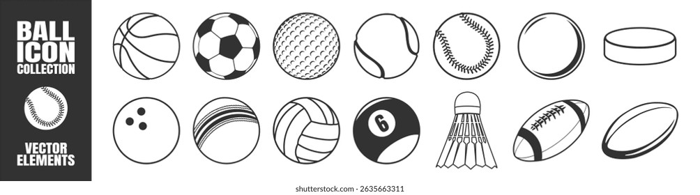 Sport Ball Icon Set. Vector Stickers of Soccer, Basketball, Tennis, Baseball, Volleyball, Golf, Rugby, Hockey Puck, Bowling, Shuttlecock