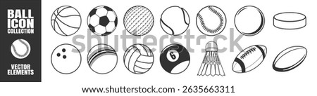 Sport Ball Icon Set. Vector Stickers of Soccer, Basketball, Tennis, Baseball, Volleyball, Golf, Rugby, Hockey Puck, Bowling, Shuttlecock