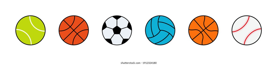 Sport ball. Icons of balls forfootball, baseball, cricket, tennis, volleyball, basketball, soccer and golf. Set of cartoon logos. Equipment for different games isolated on white background. Vector.