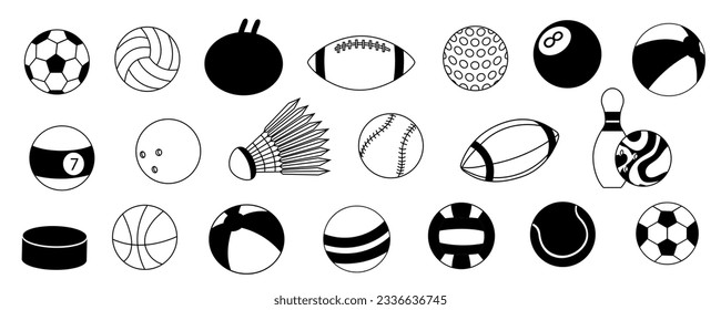 Sport ball icons. Cartoon game ball silhouette flat style, football baseball streetball and volleyball black symbols. Vector isolated collection of sport game ball silhouette illustration