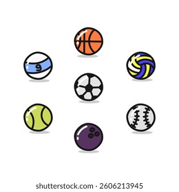 Sport ball icons feature a hand-drawn cartoon style, perfect for sports branding, game apps, and educational materials. The colorful vector design enhances usability for digital and print projects.