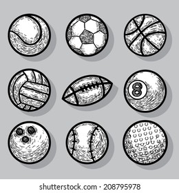 Sport Ball Icons, Hand drawn vector illustration