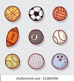 Sport Ball Icons, Hand drawn vector illustration