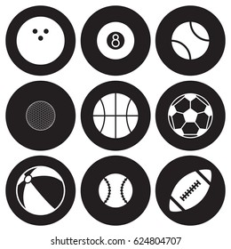 Sport ball icons set. White on a black background