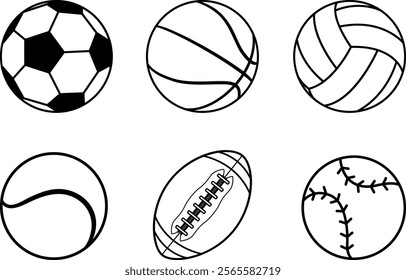 Sport Ball Icons. Vector Illustrations of Soccer, Basketball, Volleyball, Tennis and Baseball. American Football Ball