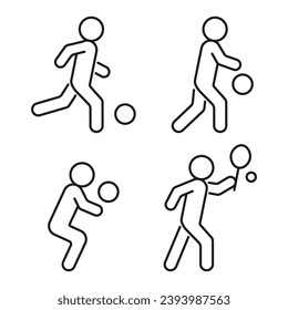 Sport with ball, line icon set. People play in basketball, football, soccer, tennis, volleyball. Player kicks ball. Vector illustration