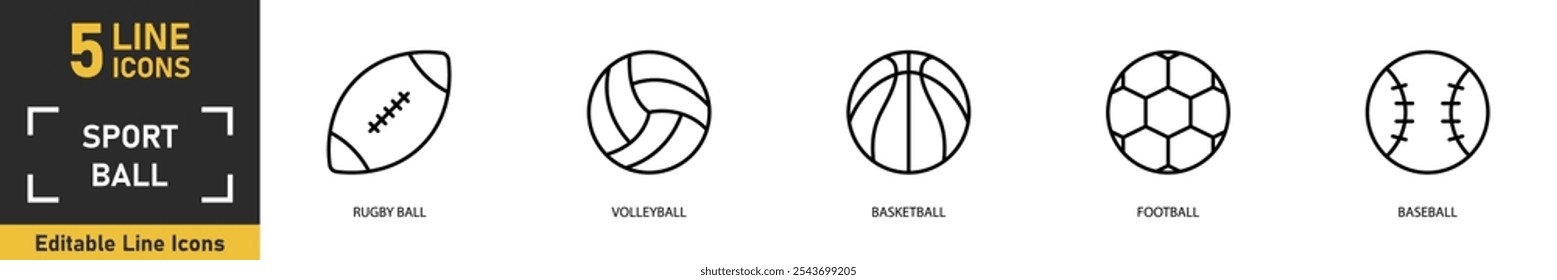 Sport Ball line icon set. Set of 5 outline icons related to rugby ball, volleyball, basketball, football, baseball and more. Vector illustration.