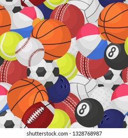 Sport ball seamless pattern. Sporting equipment balls texture game baseball football basketball tennis rugby cartoon, vector background