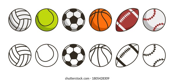 Sport ball set. Game balls icons. Volleyball, tennis, soccer, basketball, american football or rugby and baseball sport equipments. Vector illustration.