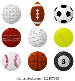 Sport Ball Set for Popular Different Games. Flat Design Style. Vector illustration of football, tennis, volleyball, soccer, rugby, basketball, gulf, bowling icon Cartoon collection 