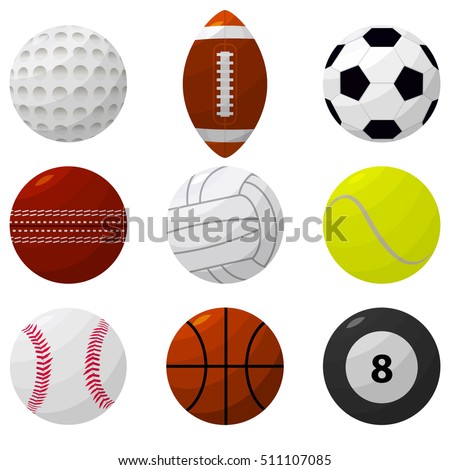 Sport Ball Set for Popular Different Games. Flat Design Style. Vector illustration of football, tennis, volleyball, soccer, rugby, basketball, gulf, bowling icon Cartoon collection 