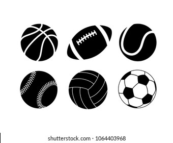 Sport ball set. Simple icon style sportsballs. Baseball, volleyball, tennis ball, football, basketball and soccer ball. Black monochrome signs. Athletic vector illustration. Sports logo design.