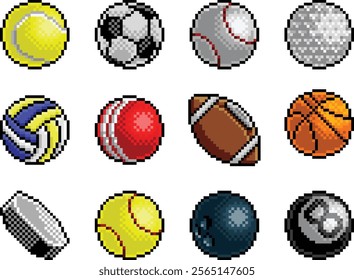 Sport ball set video game pixel art icons. Sport balls include soccer, baseball, tennis and volleyball. As well as golf, pool, cricket and football. Also softball, basketball, bowling and hockey puck.