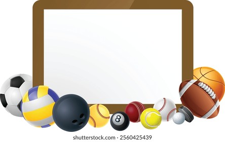 Sport ball sign board background frame surrounded by sports balls with copyspace. 