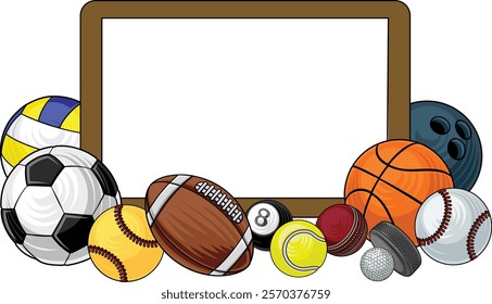 Sport ball sign board background frame surrounded by sports balls with copyspace. 