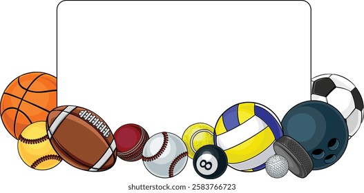 Sport ball sign board background frame surrounded by sports balls with copyspace. 