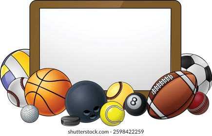 Sport ball sign board background frame surrounded by sports balls with copyspace. 