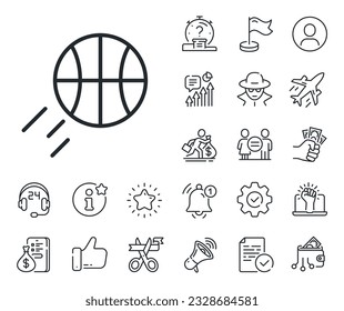 Sport ball sign. Salaryman, gender equality and alert bell outline icons. Basketball line icon. Competition symbol. Basketball line sign. Spy or profile placeholder icon. Vector