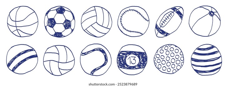 Conjunto de boceto de pelota deportiva. Vector dibujado a mano azul a mano ilustración primitiva. Fútbol, baloncesto, voleibol, béisbol, rugby, billar, tenis, golf, niños, playa, equipo de fitness