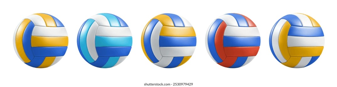 Sport ball vector emoji. 3d school volleyball stuff isolated set. Realistic beach volley cartoon render of different colors, water polo game equipment. Handball item play game. Soccer football mockup