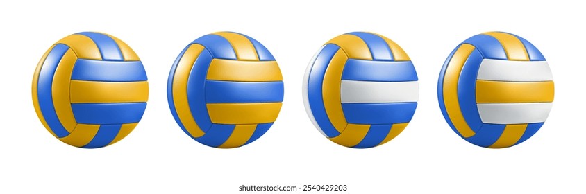 Sport ball vector emoji. 3d school volleyball stuff isolated set. Realistic beach volley cartoon render of different colors, water polo game equipment. Handball item play game. Soccer football mockup