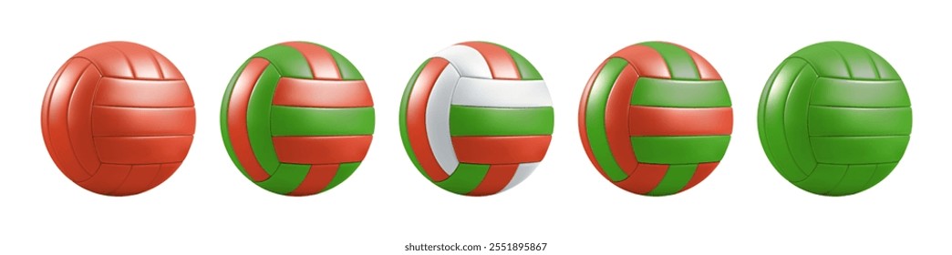 Sport ball vector emoji. 3d school volleyball stuff isolated set. Realistic beach volley cartoon render of different colors, water polo game equipment. Handball item play game. Soccer football mockup