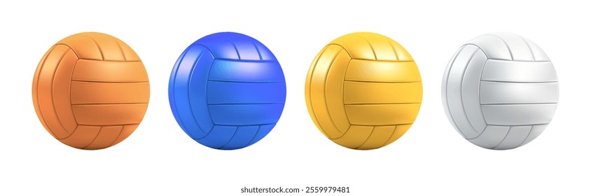 Sport ball vector emoji. 3d school volleyball stuff isolated set. Realistic beach volley cartoon render of different colors, water polo game equipment. Handball item play game. Soccer football mockup