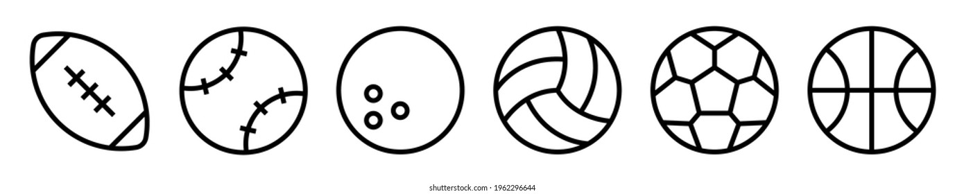 Sport ball vector icons set. Ball simple icon. Balls silhouettes for football, baseball, basketball, tennis, volleyball isolated on white background.