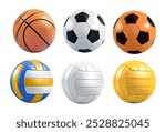 Sport ball vector mockup. 3d basketball, volleyball, soccer, school football icon set. Realistic isolated game equipment emoji. Cartoon emoticon different play stuff. Team round ball sticker element.